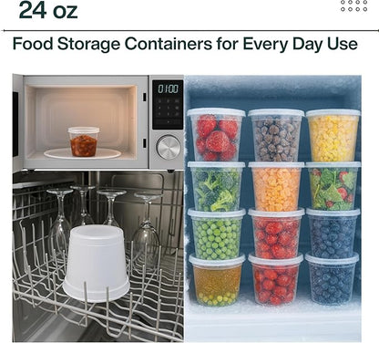 ProTakeOut 24oz [50 set] Heavy Duty Plastic Deli Container | BPA-Free Food Storage with Airtight Leak‑Proof Lids | Microwave, Freezer & Dishwasher Safe – Stackable, Bulk Reusable Soup & Meal Prep Tub
