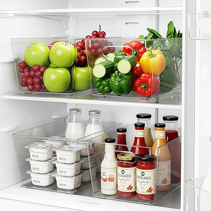 Fridge Organiser Set, Transparent Storage Box Organisers, Stackable, Organiser Boxes for Fridge, Cupboard, Pantry, Snacks, Cans, Kitchen - BPA-Free, 29 x 20 x 15.5 cm