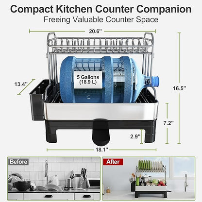 Extra Large Two Tier Stainless Steel Dish Drainer Drying Rack with Drainboard for Kitchen Counter, Modern Black and Silver, Rust Proof Metal, Space Saving Double Countertop Big Plates Dryer and Tray