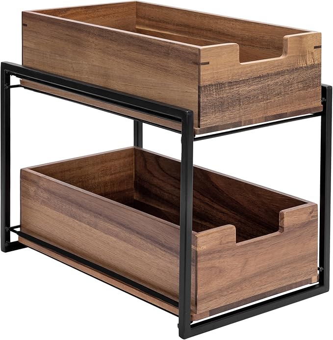 Seville Classics Acacia Wood Premium Organizer Storage Bins for Kitchen Silverware, Pantry, Closet, Office Desk, Pens, Utensils, Makeup, K Cup, Acacia, 2-Tier Bin Set, Black