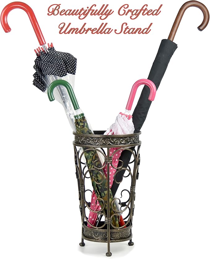 Dualplex Super Quality Umbrella Stand, Umbrella Holder Antique Look Metal Entry Hallway Décor, Wallside Style w/Removable Drip Tray Home Office Decoration Rack Holds Umbrellas Canes Walking Stick