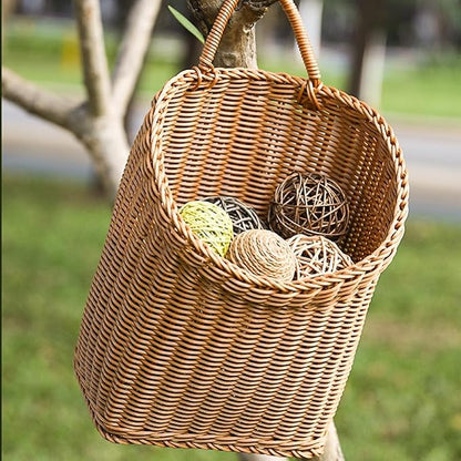 Wicker Storage Basket, Small Plastic Woven Wall Hanging Basket, for Vegetable Garlic Potato Onion Fruit Flower Storage, Hand Woven Basket for Shelves, 9.8'' x 7.9'' x 11.8''