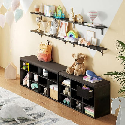 DINZI LVJ Shoe Storage Bench with Cushion, Cubby Shoe Rack with 12 Cubbies, Adjustable Shelves, Multifunctional Shoe Organizer Bench for Entryway, Mudroom, Hallway, Closet and Garage, Espresso