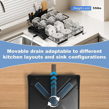Oroonoko Extendable Dish Drying Rack,Large Drying Dish Drainer for Kitchen Counter, Stainless Steel Dish Strainer with Utensil Rack and Adjustable Feet for Sink