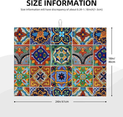 Talavera Mexican Tiles Dish Drying Mat For Kitchen Counter, Super Absorbent Microfiber Dish Drying Pad, Kitchen Gadgets For Easy Clean Multi-Use Large 18"x24"