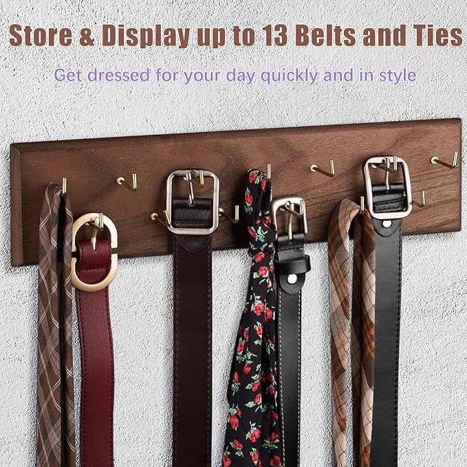 Creproly Belt Organizer - Wall Mounted Hanger for Closet, Holds Over 28 Belts - Wooden Rack with Tie and Scarf Storage (Brown)