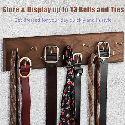 Creproly Belt Organizer - Wall Mounted Hanger for Closet, Holds Over 28 Belts - Wooden Rack with Tie and Scarf Storage (Brown)