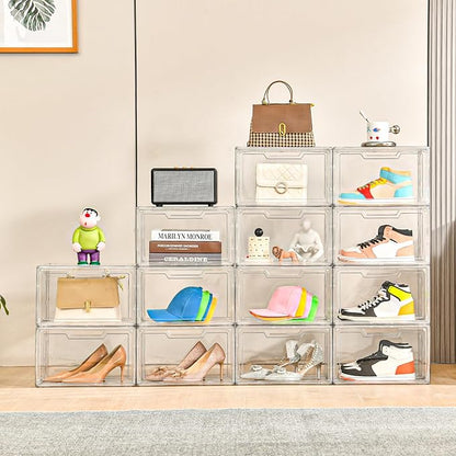 5 Pack Clear Stackable Shoe Organizer Box with Lids, Acrylic Shoes Box with Magnetic Doors, Transparent Shoe Storage Bins Closet Organizers, Shoes Containers For Sneaker Display, Fit up to US Size16
