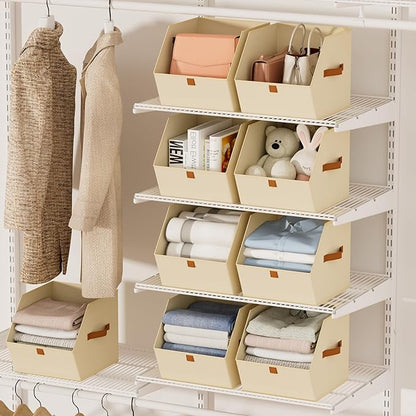 Fabric Closet Storage Cubes - 8 Pack Square Storage Bins with Dual Handles for Clothes, Towels, Toys, Cube Storage Organizers for Bedroom, Nursery, Shelves, Closet, Small Spaces, Light Beige