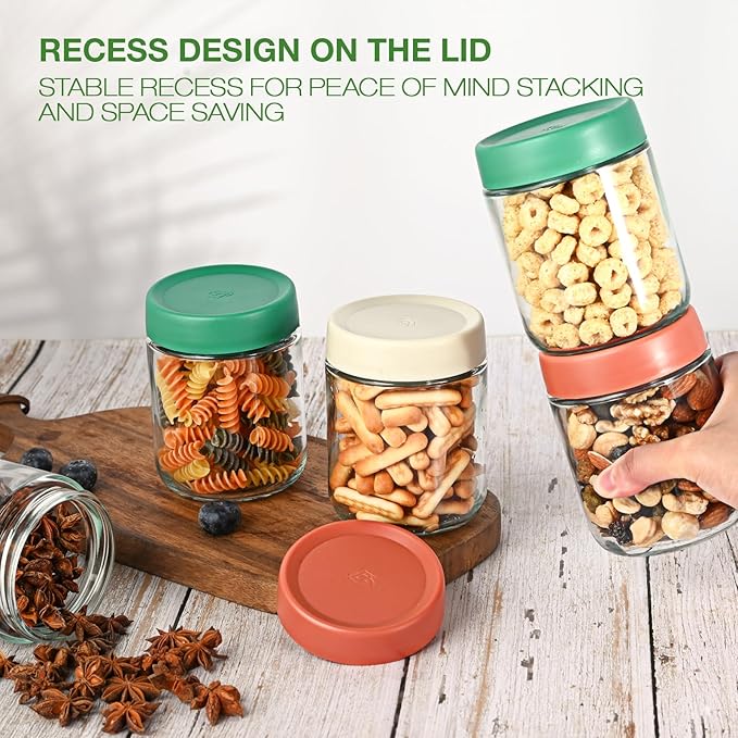 Hoa Kinh 16oz 6Pack Glass Food Storage Jars with Lids, Leak Proof Small Jars for Overnight Oats, Cereal, Clear Empty Glass Jar with Lids for Kitchen(Red, Green and White)