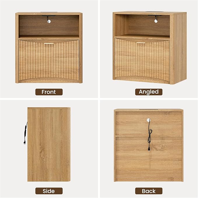 TROJM Night Stand with Charging Station, Modern Bedside Table with Drawer & Open Shelf Storage, Small Space Sidetable for Bedroom, Natural Oak