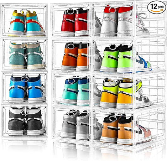 Amllas 12 Pack Clear Shoe Boxes Stackable,Shoe Storage Boxes for Closet,Sturdy Shoe Box Storage Containers with Clear Door,Sneaker Storage,Easy to Assemble,Fit up to US Size 12(13.8”x 9.84”x 7.1”)