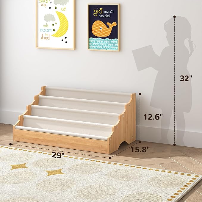 ELYKEN Toddler Bookshelf for Kids Rooms, Nursery Book Shelves with Open Forward Display, Montessori Book shelf for Baby Room, Small Children Classroom Books Rack Storage, Reading Corner for Kid, Beige