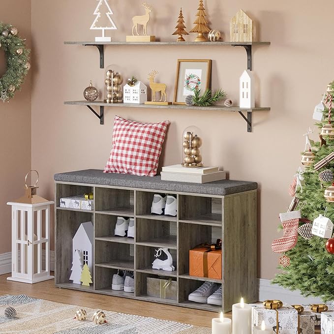 DINZI LVJ Shoe Storage Bench with Cushion, 16-Cubby Shoe Rack, Adjustable Shelves, Multifunctional Shoe Organizer Bench for Entryway, Mudroom, Hallway, Living Room, Bedroom and Garage, Gray Wash