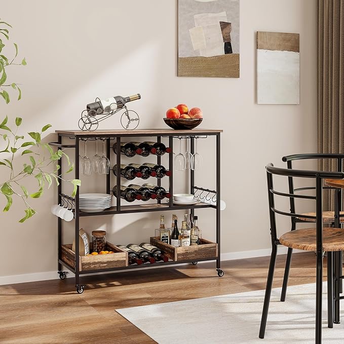 Giantex Bar Cart, 3 Tier Home Serving Cart on Wheels with Handle, Glass Racks, Wine Holders, Hooks & Storage Boxes, Industrial Rolling Beverage Cart for Kitchen, Dining Room, Living Room, Rustic Brown