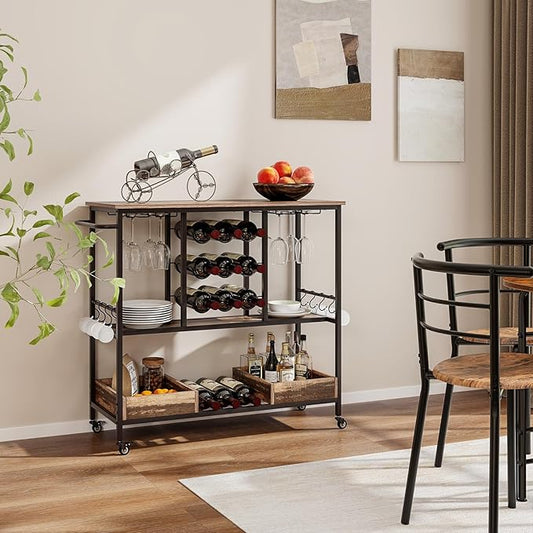 Giantex Bar Cart, 3 Tier Home Serving Cart on Wheels with Handle, Glass Racks, Wine Holders, Hooks & Storage Boxes, Industrial Rolling Beverage Cart for Kitchen, Dining Room, Living Room, Rustic Brown