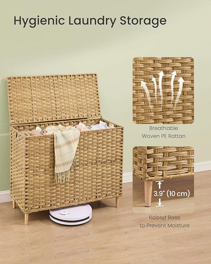 SONGMICS Laundry Hamper with Lid, PE Rattan Laundry Basket with Removable Liner, Storage Basket for Bedroom Living Room, 4-Section Sorter, 55.4 Gallons (210 L), Goose Yellow ULCB224YE01