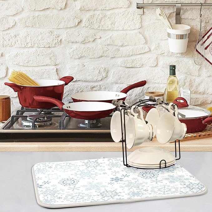 ZzWwR Chic Beautiful Snowflake Christmas Absorbent Dish Drying Mat Microfiber Kitchen Countertop Table Protector Multi-Purpose Counter Rack Sink Drainer Pad (16" x 18",White)