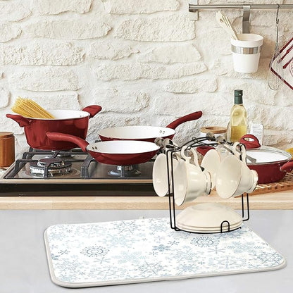 ZzWwR Chic Beautiful Snowflake Christmas Absorbent Dish Drying Mat Microfiber Kitchen Countertop Table Protector Multi-Purpose Counter Rack Sink Drainer Pad (16" x 18",White)