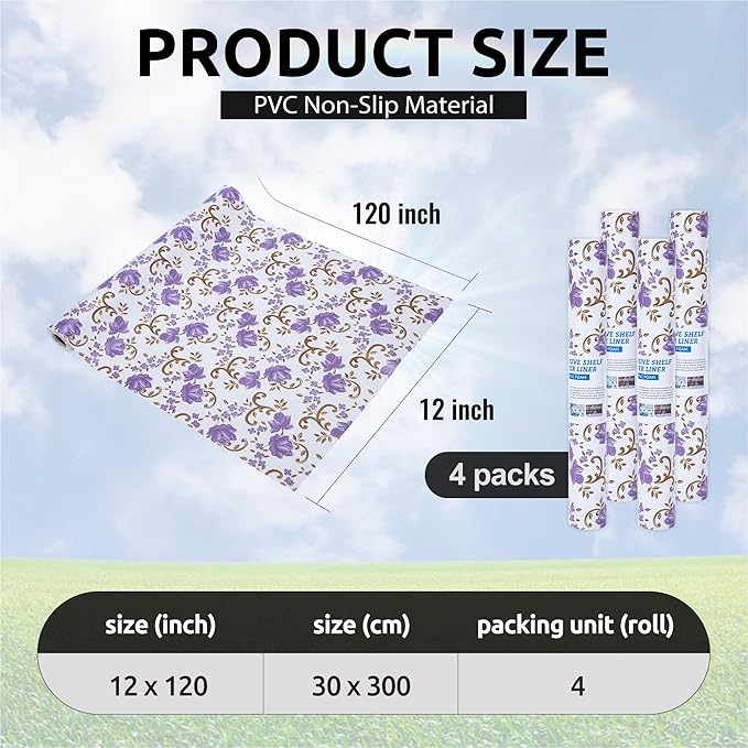 12X120 Inch Shelf Liner for Kitchen Cabinets, PVC Drawer Liner for Dresser Non-Slip Bathroom, Non-Adhesive Cabinet Liner Washable (Purple Floral)(4 Roll)