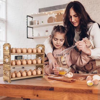 Wooden Egg Holder & Storage-3Tier /36-Hole Stackable Holds Fresh Eggs, Farmhouse Eggs Rack Wood, Rustic Countertop Chicken Egg Organizer Wood with Distressed Finish for Home Kitchen Decoration