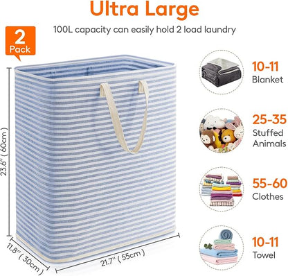 Lifewit 2 Pack Laundry Hamper Large Collapsible Laundry Baskets, Freestanding Waterproof Clothes Hamper with Easy Carry Handles in Laundry Room Bedroom Bathroom College Dorm, Grey&Blue, 2 x 100L
