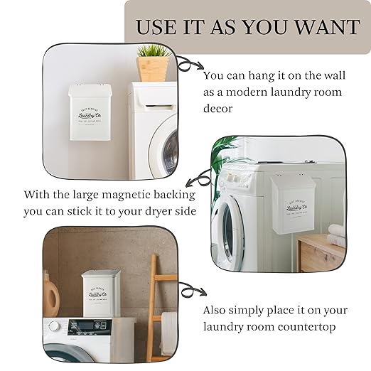 Magnetic Lint Bin for Laundry Room, Metal Trash Can with Lid for Dryer, Farmhouse Lint Holder, Laundry Co Sign, Laundry Room Storage Decor with Dryer Lint Brush(White)