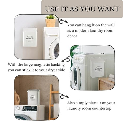 Magnetic Lint Bin for Laundry Room, Metal Trash Can with Lid for Dryer, Farmhouse Lint Holder, Laundry Co Sign, Laundry Room Storage Decor with Dryer Lint Brush(White)