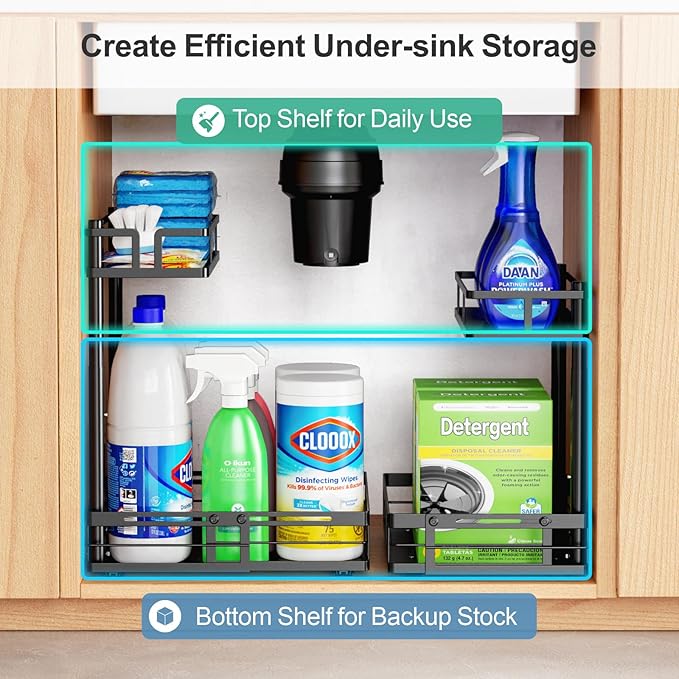 iSPECLE Under Kitchen Sink Organizer - 1 Pack Height Adjustable Pull Out Cabinet Organizer Fit Around Plumbing & Disposal, Heavy-Duty Undersink Storage Sliding Get Item for 30" - 36" Wide Sink Cabinet