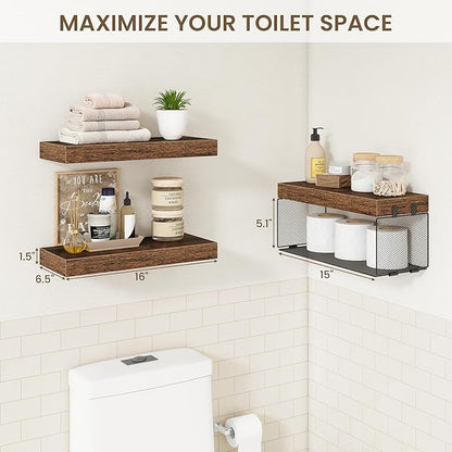 Bathroom Floating Shelves for Wall,16 inch Wall Mounted Floating Shelf Toilet Organizer and Storage,Small Farmhouse Decor Shelf,Rustic Brown,Set of 3