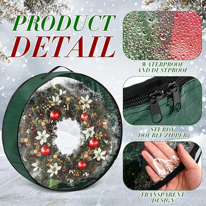 4 Pcs Christmas Wreath Storage Bag, Christmas Garland Storage Container with Clear Window, Zipper & Handle for Xmas Holiday Seasonal Wreath Garland Box(Green,24")