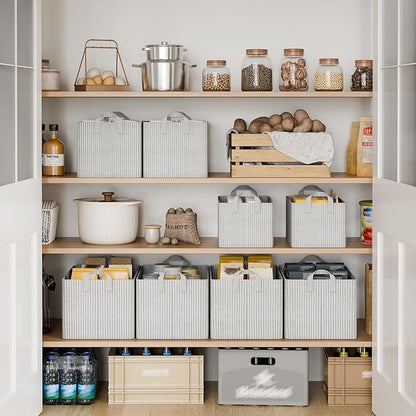 StorageWorks Storage Bins, Fabric Storage Bins for Shelves, Large Storage Baskets with Metal Frame, Closet Baskets and Bins with Handles, Khaki and Beige Stripes, 2-Pack