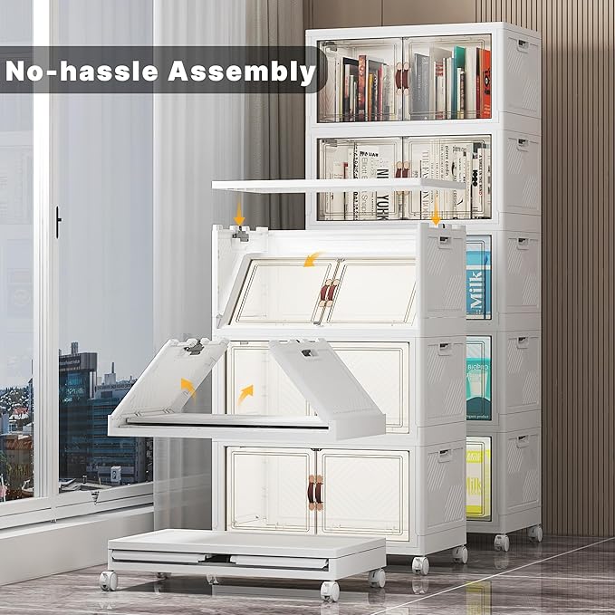 Extra Large Stackable Storage Bins, Lockable Storage Bins with Lids, Folding Storage box with Doors and Wheels, Collapsible Plastic Drawers for Home, Garage, Office (5, White, Medium)