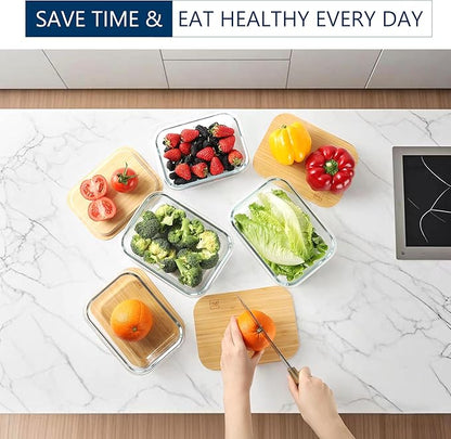 DE Glass Food Storage Containers with Bamboo Lids – 4 Pack (12oz/21oz/35oz/51oz) – BPA-Free Borosilicate Glass Meal Prep Boxes – Oven, Microwave, Freezer Safe – Stackable & Airtight