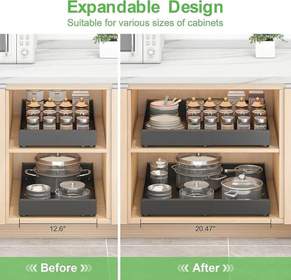 Expandable Pull-Out Cabinet Organizer - Black, 21" D x Adjustable Width 12.6-20.47", No Drill Adhesive Installation with 3-Slide Rails for Kitchen Storage (2 Pack)