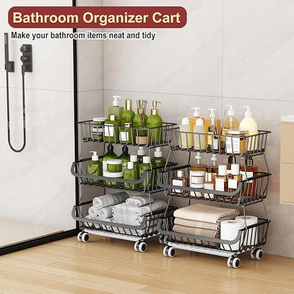 Miyawell 3-Tier Rolling Pantry Cart with Wheels, Stackable Wire Storage Floor Organizer for Kitchen Pantry Snack Shelves, Fruit Basket Stand, Vegetable Storage Rack for Food Snacks Onion Potato