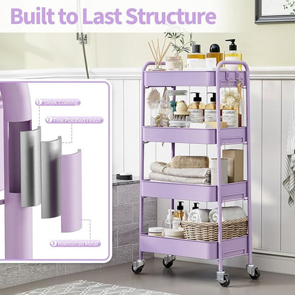 TOOLF 4-Tier Metal Rolling Cart with Wheels, Storage Utility Organizer Cart for Kitchen, Bathroom, Office, Baby Essentials & Makeup - Lockable Casters, Easy Assembly, Large Capacity, Purple