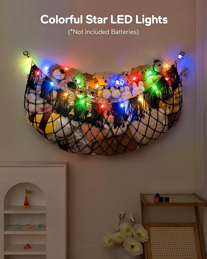 Stuffed Animal Storage Hammock with Lights- Boho Wall Hanging Plushie Net for Stuff Aanimal Organizer and Toy Display, Big Toy Hammock for Kids boys Bedrooms Playroom Nursery(Black)