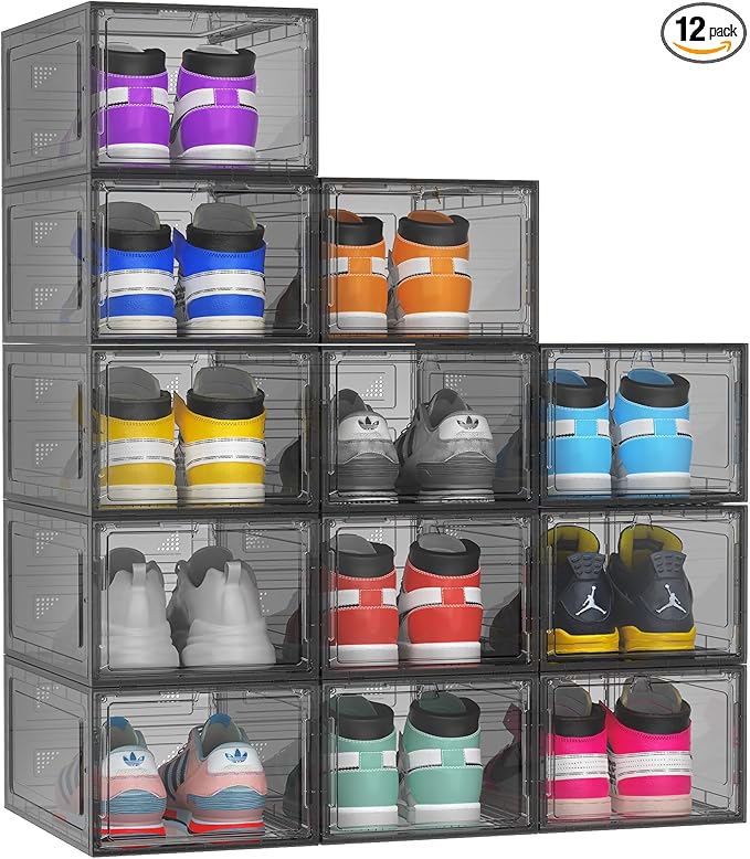 MCIJRJOI 12 Pack Hard Sturdy Thickened Rigid XX Large Shoe Storage Organizer for Closet, Clear Stackable Sneaker Shoe Boxes Rack Containers Display Case Bins with Lids, Grey02