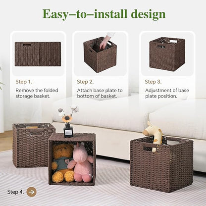 Woven Wicker Storage Baskets 2-Pack, 11x11 Handwoven Paper Rope Organizer Bins, Foldable Cube Storage Cubes with Built-in Handles for Shelves and Closet Organization(Dark Brown）