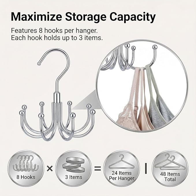 Rotatable Belt Hanger & Closet Organizer, 2 Pack - 48 Storage Capacity, 360° Swivel Hooks, Heavy-Duty Metal Holder for Bras, Tops, Ties, Scarves