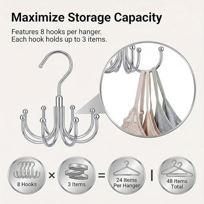 Rotatable Belt Hanger & Closet Organizer, 2 Pack - 48 Storage Capacity, 360° Swivel Hooks, Heavy-Duty Metal Holder for Bras, Tops, Ties, Scarves