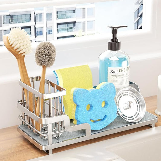 Consumest Sponge Holder for Kitchen Sink - Sink Caddy Organizer with Water Absorbing Stone Tray, Detachable Brush Holder, Stainless Steel Kitchen Counter Organizer Rack, Silver