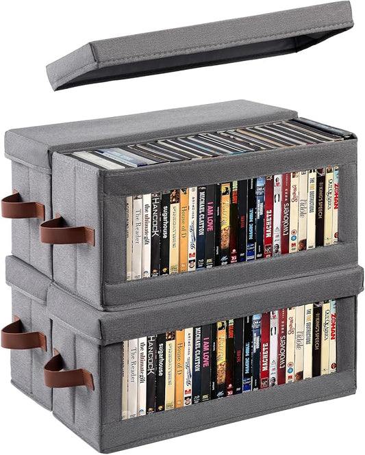 4 Pack DVD Storage Box with Visible Window, Dustproof CD/DVD Case Holder Organizer Rack Can Hold Up to 104 DVD, Blu-ray & CD Storage, Stackable and Lid Design-Grey