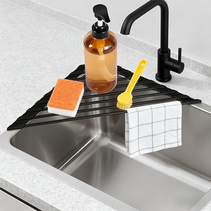 JAFLYDE Triangle Roll Up Dish Drying Rack Over The Sink, Anti-Rust with Full Silicone-Coated Stainless Steel Frame Fits, Organizer for Kitchen