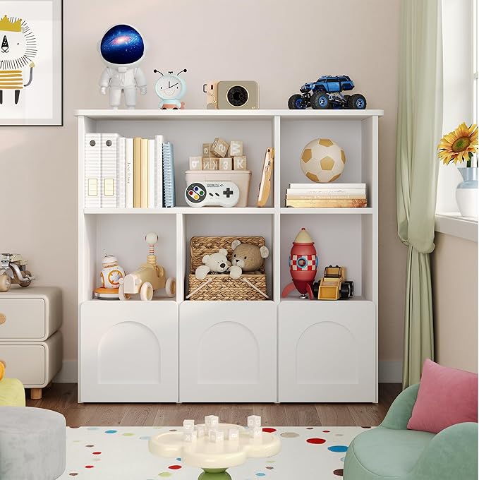 Toy Storage Organizer with 3 Movable Drawers,Montessori Bookshelf with 5 Open Cubbies,White Kids Bookshelf with Wall Mounting Hardware for Playroom,Den and Kids Room