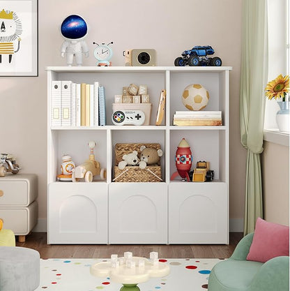 Toy Storage Organizer with 3 Movable Drawers,Montessori Bookshelf with 5 Open Cubbies,White Kids Bookshelf with Wall Mounting Hardware for Playroom,Den and Kids Room