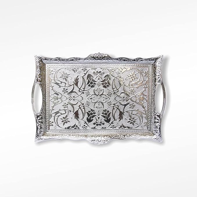 Alisveristime Ottoman Turkish Zamak Serving Tray with Traditional Motifs, Ideal for Coffee and Tea - Six Person Tray (14.5 x 9.85 in) (Silver)