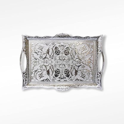 Alisveristime Ottoman Turkish Zamak Serving Tray with Traditional Motifs, Ideal for Coffee and Tea - Six Person Tray (14.5 x 9.85 in) (Silver)