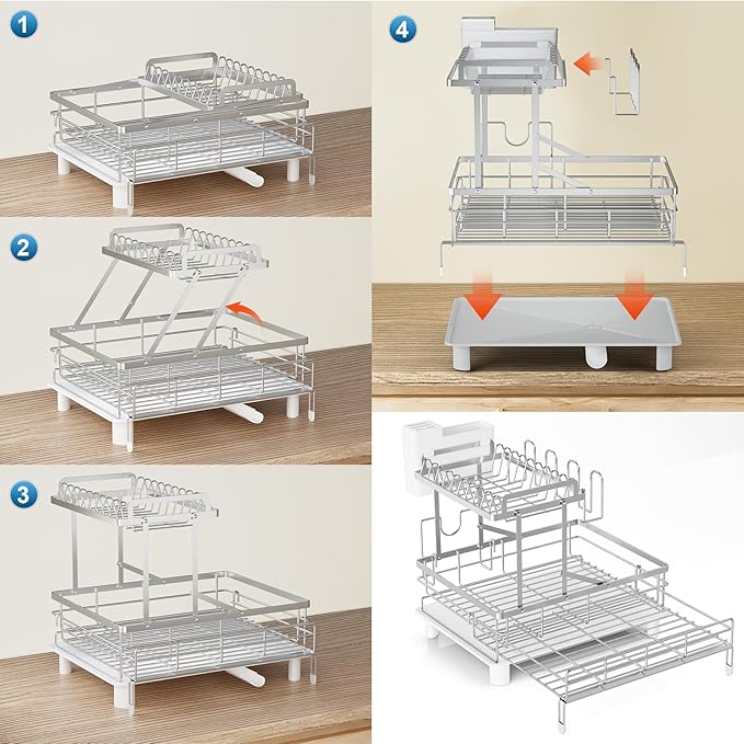 YEYPOP 2 Tier Expandable Dish Drying Rack, Stainless Steel Dish Rack w Drainboard, Large Dish Drainer for Kitchen Counter, w Cup Holder and Cutting Board Rack